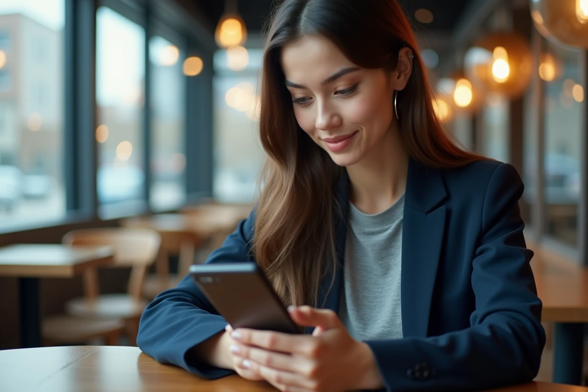 Jeune femme curieuse avec smartphone dans un café moderne