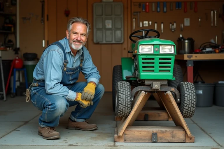 Homme construisant un lève tracteur tondeuse maison dans un atelier de garage avec un cric artisanal en bois et métal