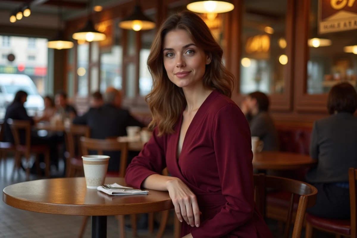 Femme élégante de 1m65 en robe portefeuille dans une brasserie parisienne, illustrant des mensurations équilibrées