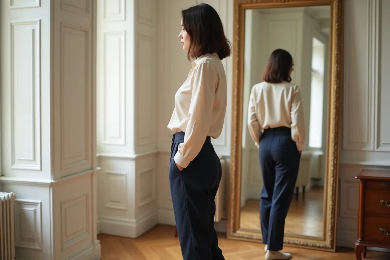 Femme de 1m65 avec des proportions harmonieuses devant un miroir en pied dans un appartement parisien