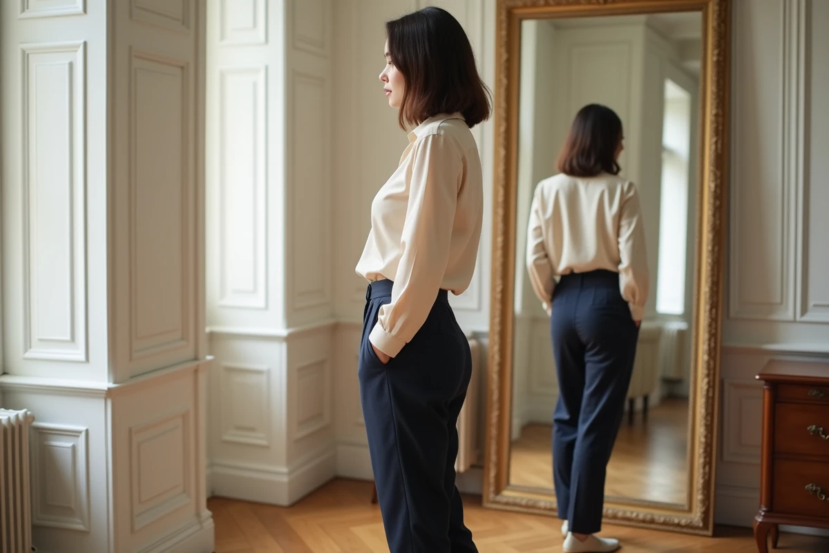 Femme de 1m65 avec des proportions harmonieuses devant un miroir en pied dans un appartement parisien