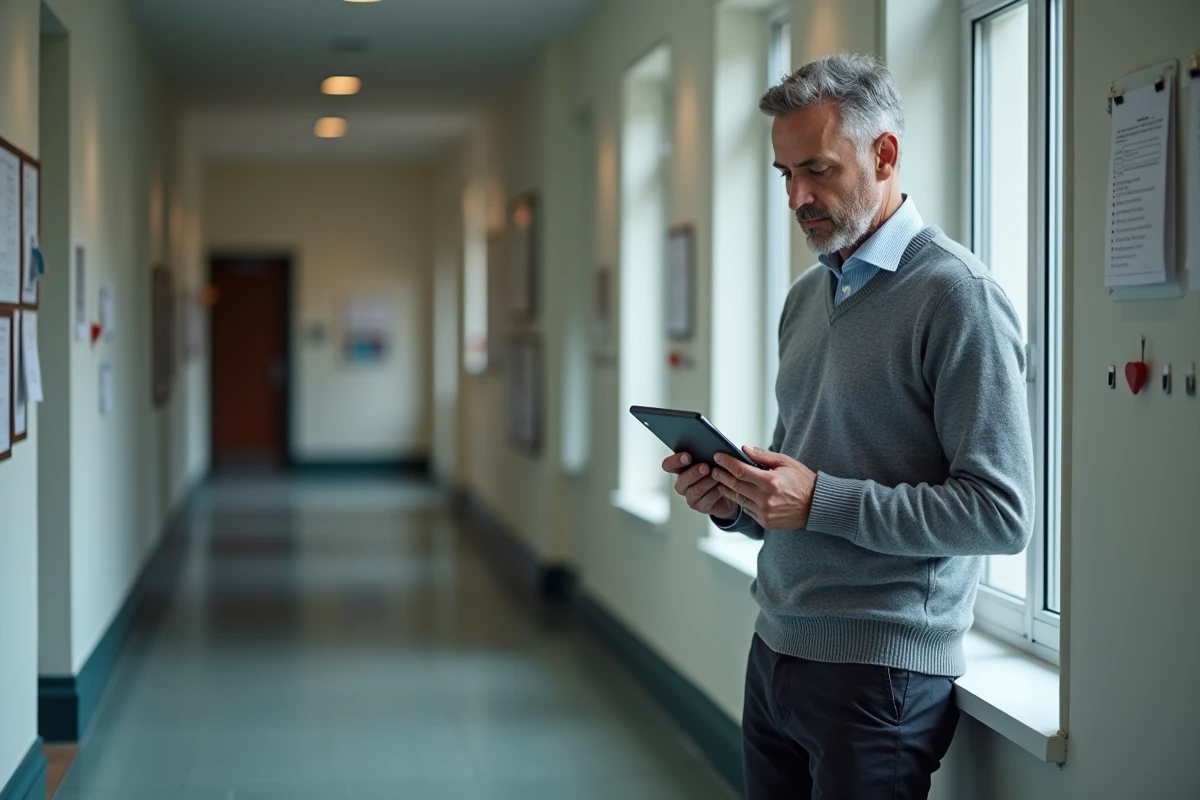 Enseignant consultant sa messagerie académique de Strasbourg sur une tablette dans un couloir universitaire