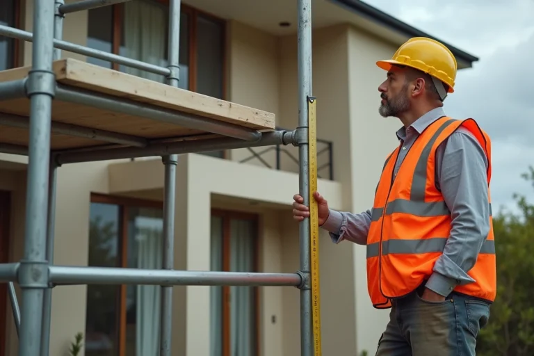 Ouvrier mesurant la hauteur d'un échafaudage modulaire en aluminium devant une maison individuelle