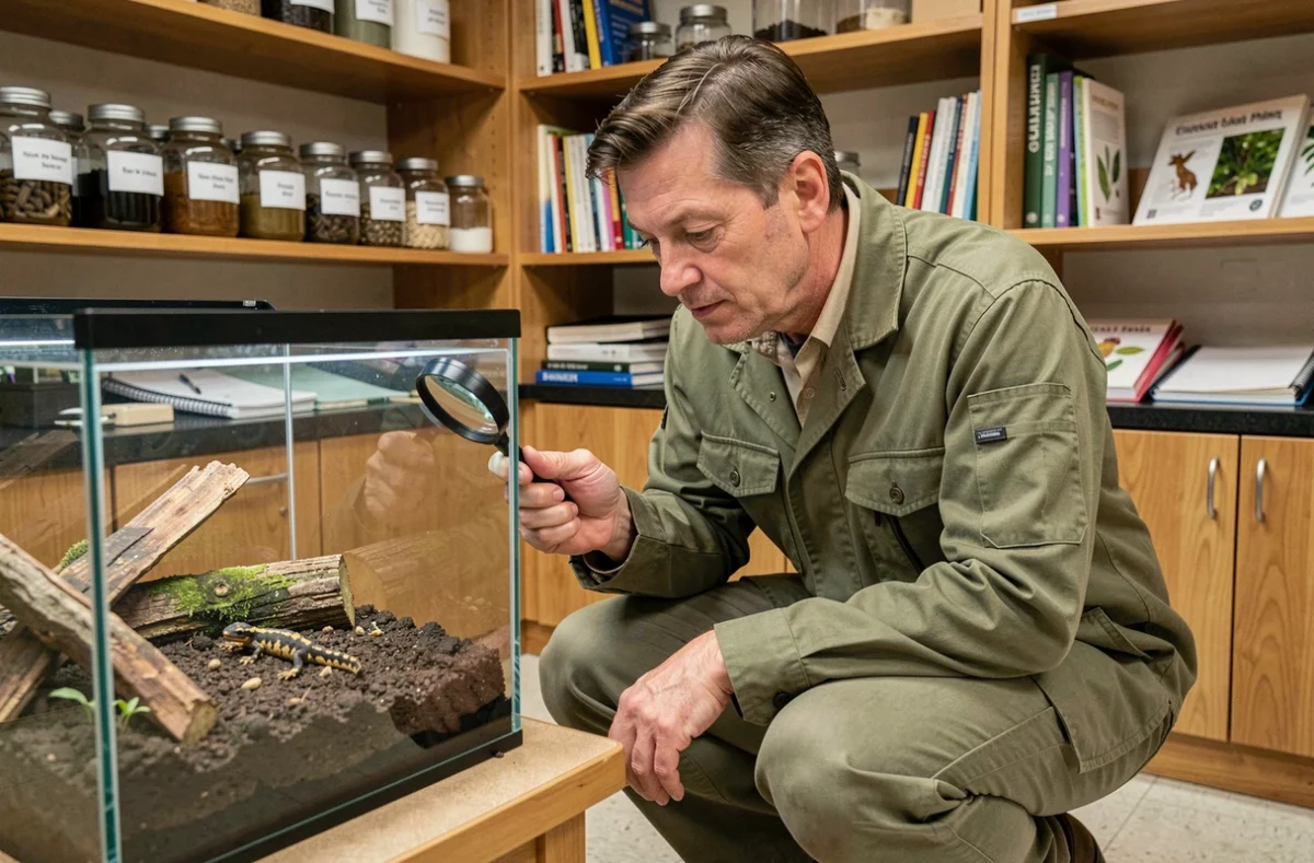 Naturaliste examinant des crottes de salamandre dans un terrarium en laboratoire de biologie naturelle