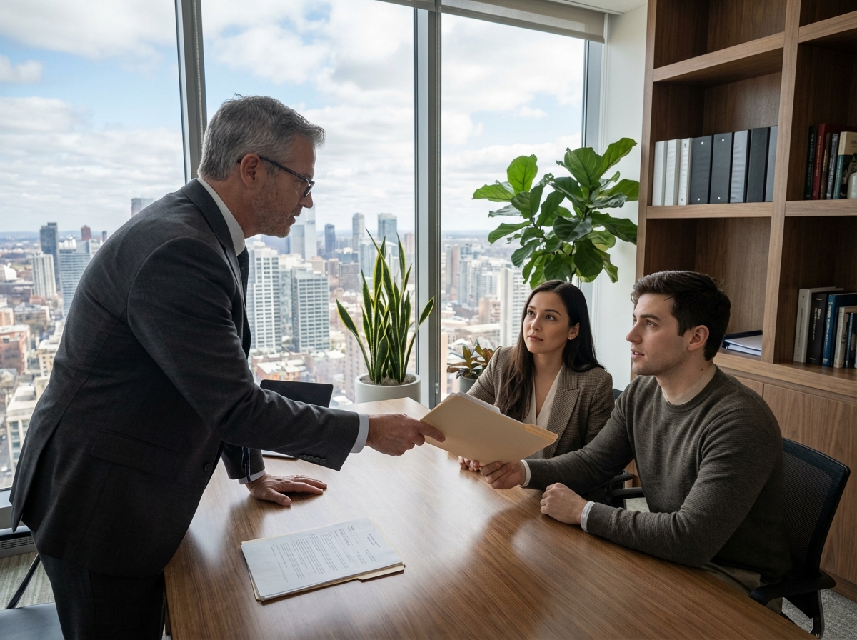 Notaire professionnel remettant des papiers à un couple au bureau