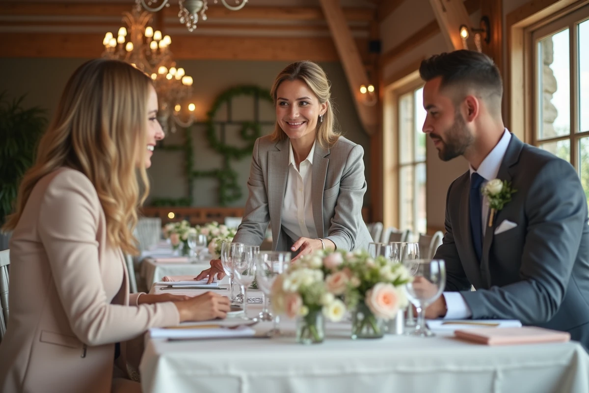 Organisatrice de mariage discutant avec un couple à la réception