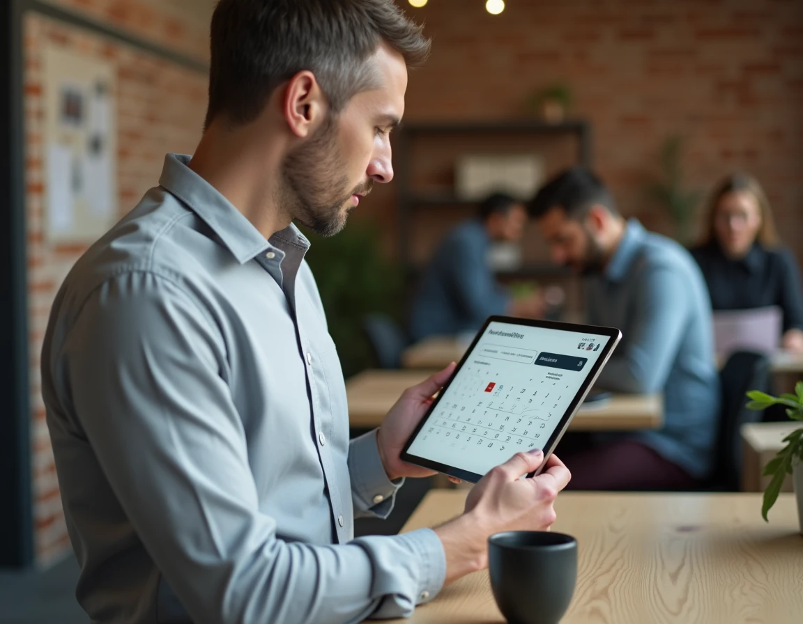Homme d'affaires organisant ses rendez-vous professionnels sur une tablette tactile dans un espace de coworking