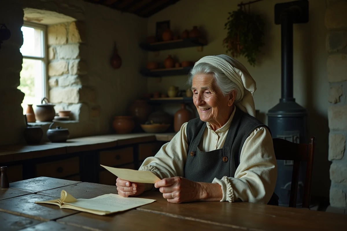 Paysanne âgée lisant une lettre d'amour manuscrite dans une cuisine rustique en pierre au XIXe siècle, expression émouvante et vêtements traditionnels