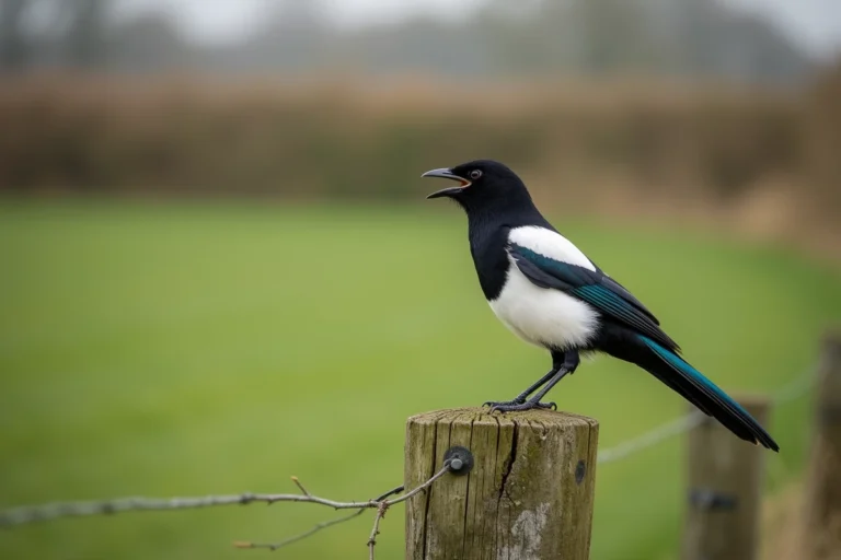 Pie bavarde perchée sur un poteau en bois criant dans la campagne, plumage noir et blanc aux reflets irisés