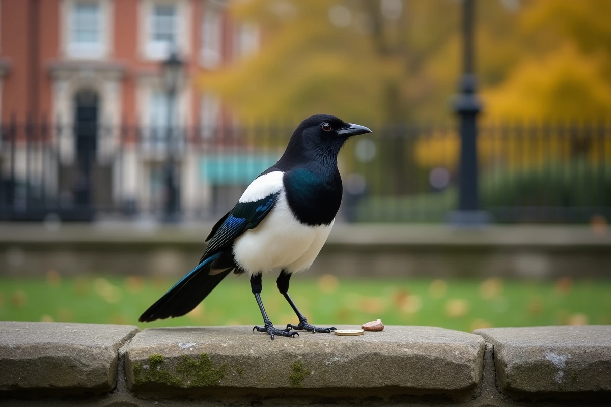 Pie voleuse sur un mur en pierre avec un objet brillant dans un jardin urbain en automne