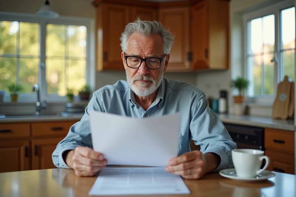 Propriétaire senior lisant attentivement un contrat de prêt immobilier dans sa cuisine