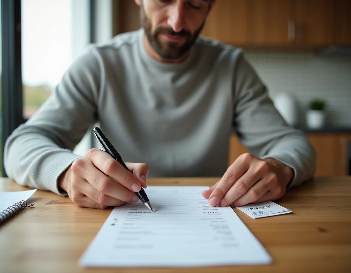Homme remplissant un chèque différé Cora à la maison avec une carte de fidélité et un ticket de caisse sur la table