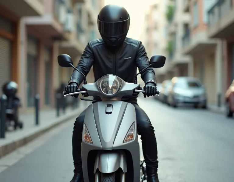 Jeune homme en tenue de moto assis sur un scooter 125cc en milieu urbain, illustrant le rodage et l'utilisation quotidienne du scooter 125