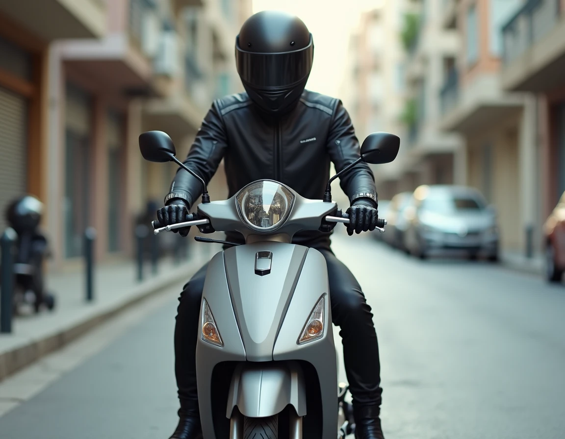 Jeune homme en tenue de moto assis sur un scooter 125cc en milieu urbain, illustrant le rodage et l'utilisation quotidienne du scooter 125