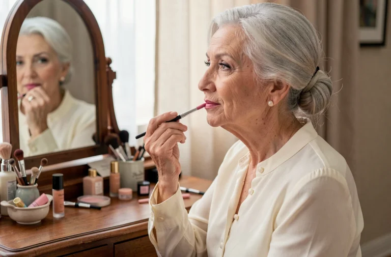 Femme de 70 ans appliquant un rouge à lèvres rose devant un miroir de coiffeuse en bois