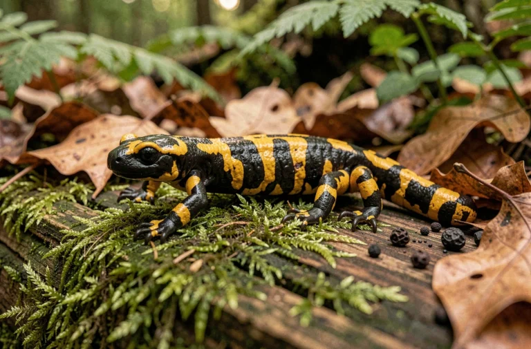 Salamandre tachetée reposant sur une bûche moussue avec des crottes visibles autour d'elle dans une forêt tempérée