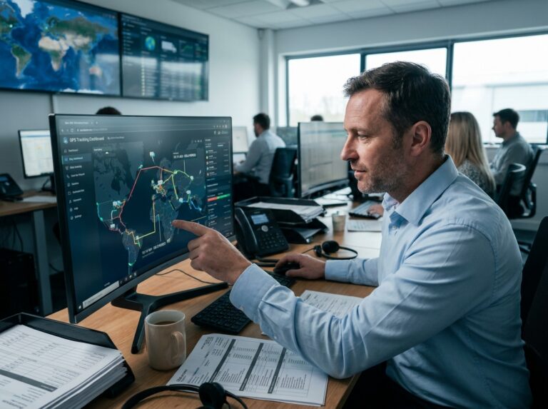 Responsable logistique suivant en temps réel la position des camions sur un tableau de bord GPS dans un centre de contrôle de flotte