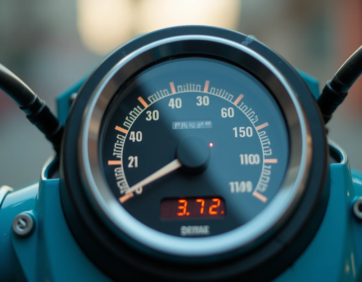 Tableau de bord d'un scooter 125 affichant le compteur de vitesse et le kilométrage pendant la période de rodage