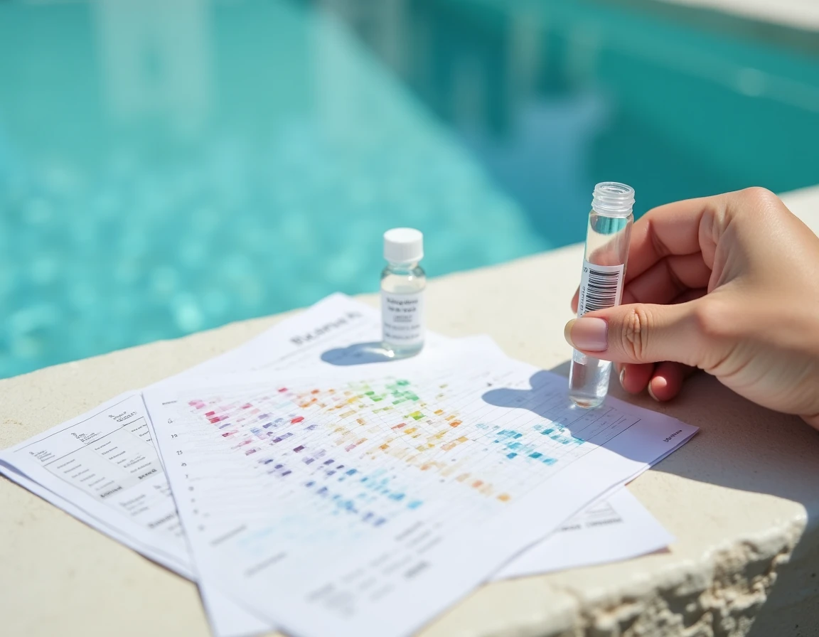 Kit de test de l'eau d'une piscine au magnésium posé sur le bord en pierre avec vial et bandelettes de mesure