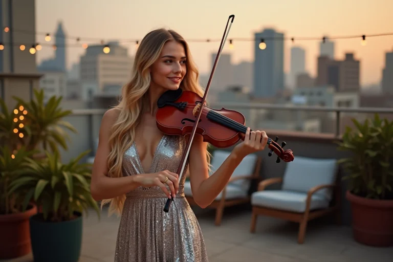 Violoniste blonde en robe argentée tenant son violon sur une terrasse urbaine, regard romantique et sourire doux au coucher du soleil